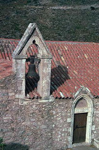 The ornate portal and belfry of Agios Fanourios Church, Moni Varsamonero