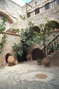 The cloister area of Toplou Monastery