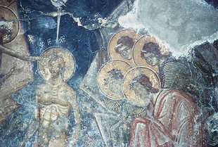The Christ's Baptism fresco in the Panagia Church in Lambiotes