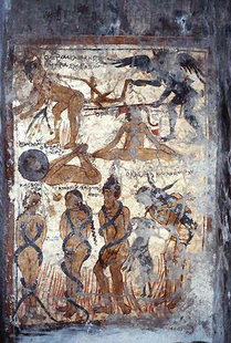 Μια καλά διατηρημένη τοιχογραφία που αναπαριστά τις τιμωρίες των καταδικασμένων στην  εκκλησία της Αγίας Παρασκευής στο Βουτά