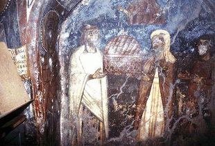 The donors of Agia Anna with the church in their hands, Anisaraki