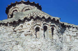 The decorative Byzantine brickwork on the Panagia Lambini Church, Lambini