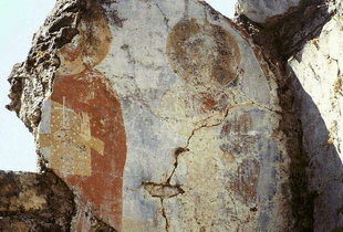 Faded frescoes in the ruins of the 15C Byzantine church of Agia Varvara, Latsida