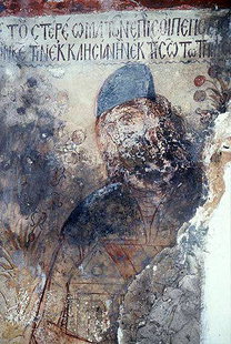 Fresko mit der Darstellung des Geldgebers der Agios Nikolaos-Kirche in Neo Horio