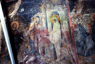 The Raising of Lazarus fresco in Esodia Theotokou in Sklaverohori